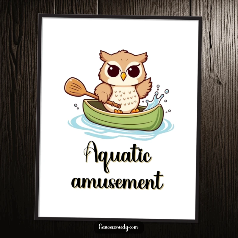 Funny owl digital art print, joyfully splashing water from a canoe with a paddle, a vibrant and humorous digital download.