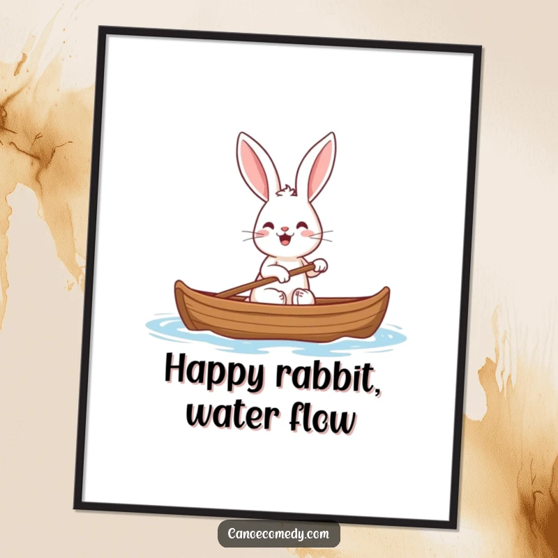 Funny digital art print of a cheerful rabbit with big ears paddling a canoe, ready for immediate download and display.