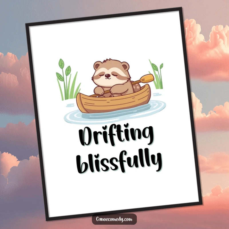 Funny digital art of a sleepy sloth peacefully drifting downstream in a canoe, radiating calm.