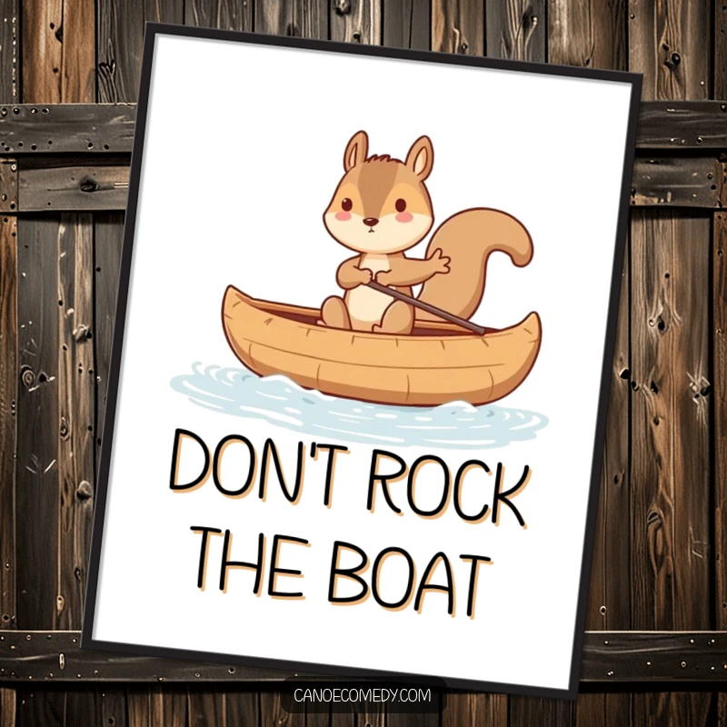 Funny squirrel character humorously balancing in a rocking canoe, ideal for a downloadable digital art print, a funny gift.