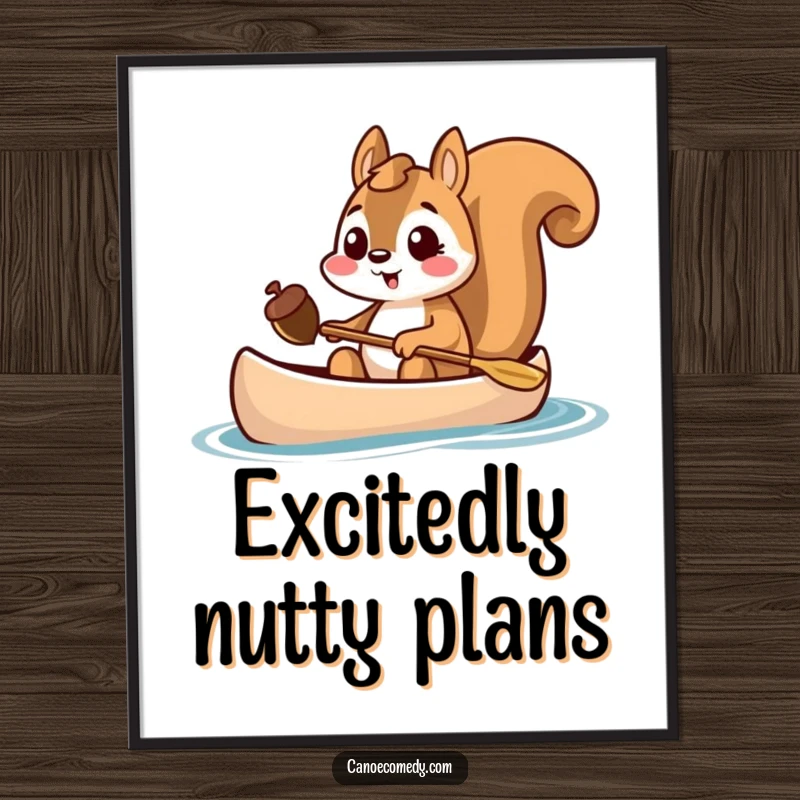 Funny squirrel holding an acorn in a canoe, excited digital art, treasure hunter printable, instant download.