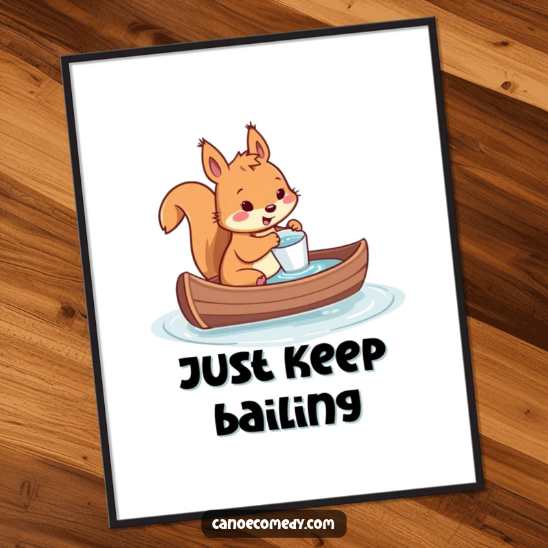 Funny digital art print of a squirrel frantically bailing water from a sinking canoe with a tiny cup, perfect for humorous wall decor.