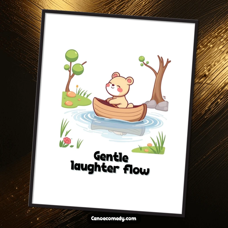 Funny digital art of a happy animal giggling as its canoe drifts down a calm stream, evoking peace and happiness.