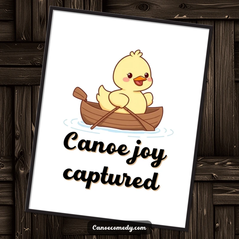 Kawaii duck character smiling and paddling a tiny canoe, printable digital art for cheerful decor.