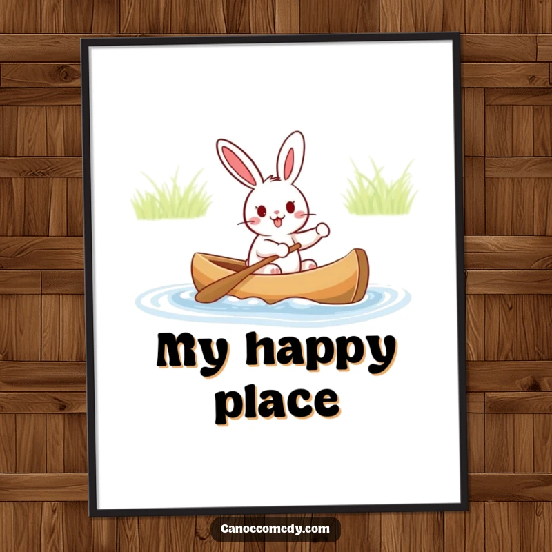 Funny digital art print of a happy rabbit enthusiastically steering a canoe, perfect for adding humorous and adventurous wall decor.