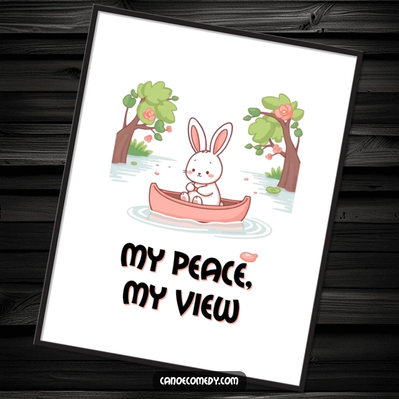 Funny kawaii rabbit peacefully paddling a canoe, serene digital art, cute animal printable, instant download.
