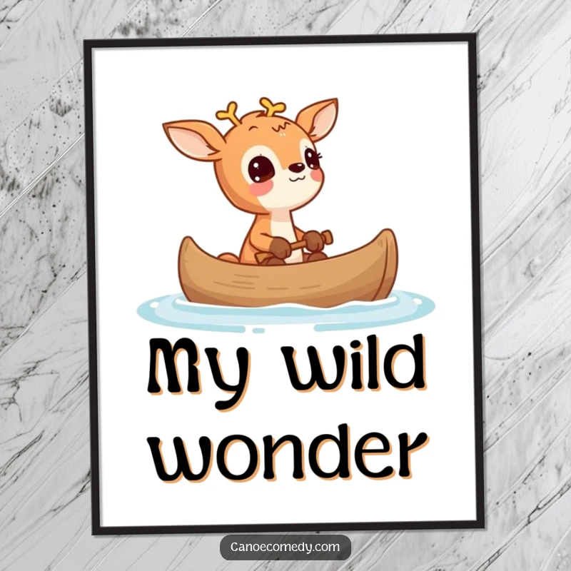 Funny Deer Wonder Canoe Digital Art Print, depicting a small deer looking up in wonder from a canoe, for decor.