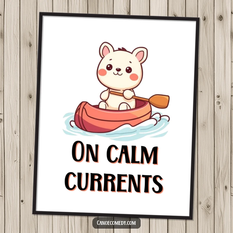 Funny Kawaii animal character steering a colorful canoe through gentle waves, a downloadable digital art print for peaceful decor.
