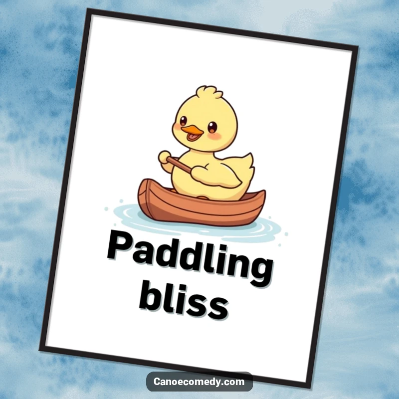 Funny, smiling Kawaii duck artistically rendered paddling a tiny canoe, as printable digital art.