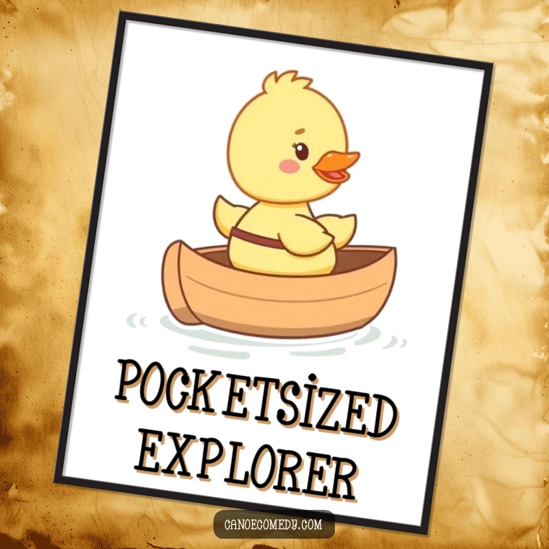Funny happy duckling digital art print riding in a tiny canoe with a big smile, instantly cheerful and cute decor.