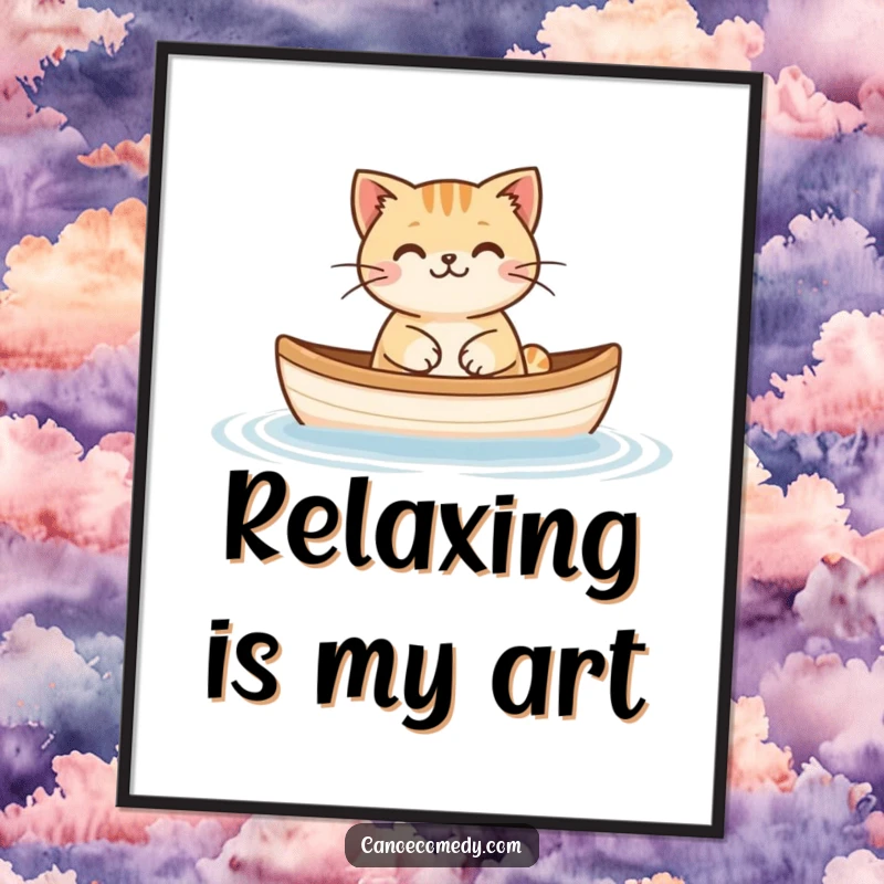 Funny Cat Floating Canoe Digital Art Print, depicting a happy cat floating peacefully in a miniature canoe, for decor.
