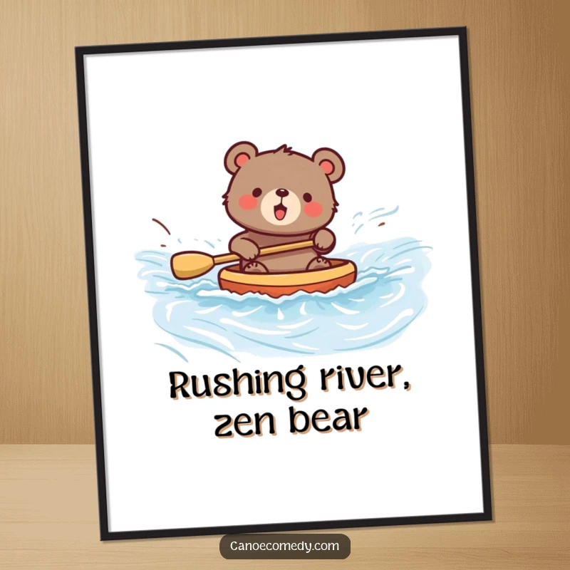 Funny digital art print of a bear joyfully paddling a canoe down a river, ready to be downloaded and displayed.