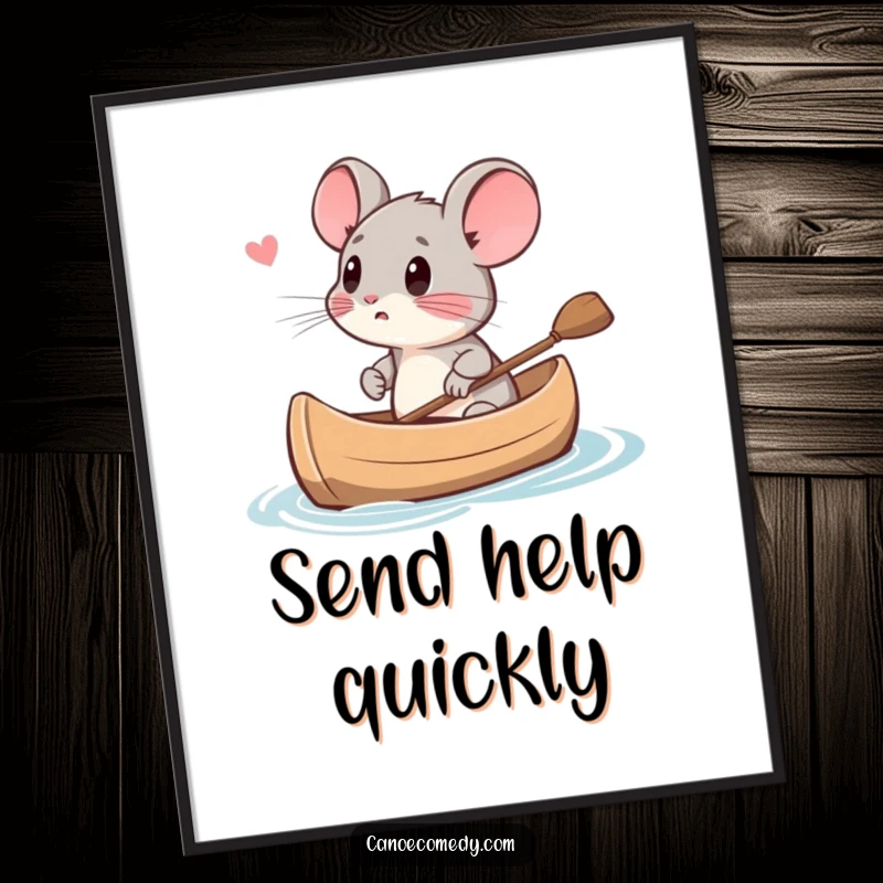 Funny small mouse character looking scared in a canoe, depicted in a humorous digital art print, a great funny gift.