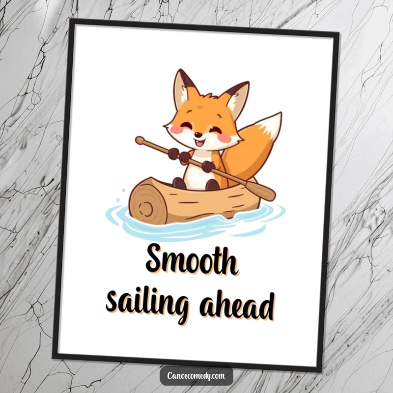 Funny digital art print of a smiling fox skillfully navigating a canoe, perfect for adding expert humor and aquatic charm to walls.