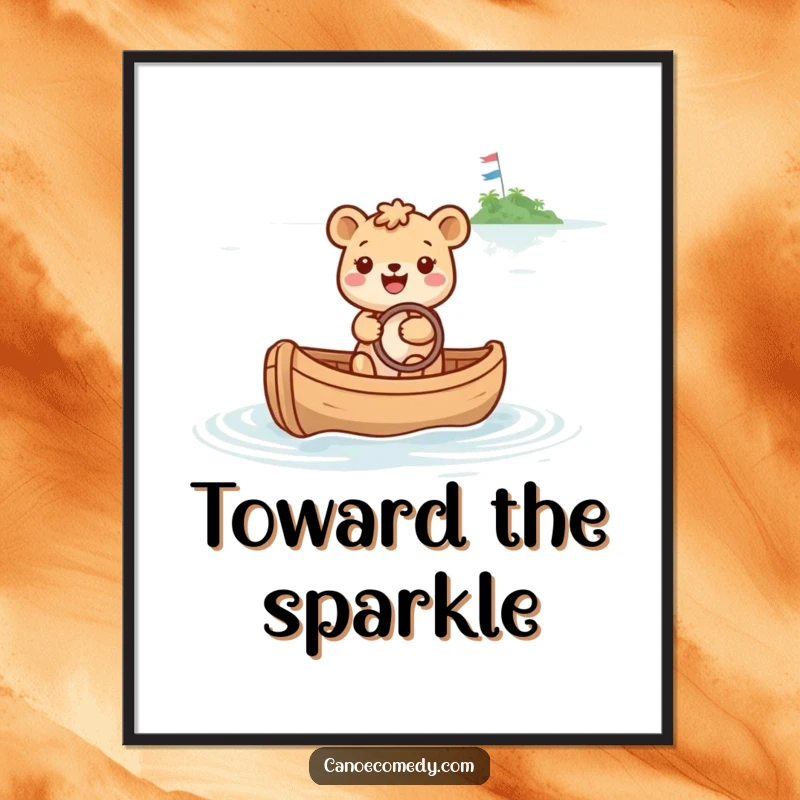 Funny digital art of a joyful animal steering a canoe toward a distant, sparkly island, evoking happiness and aspiration.