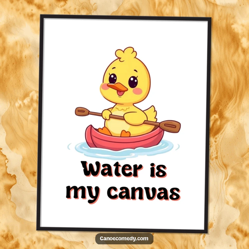 Funny Kawaii Duck Paddling Print depicting a happy duck character joyfully paddling a tiny canoe, perfect for adorable wall decor.
