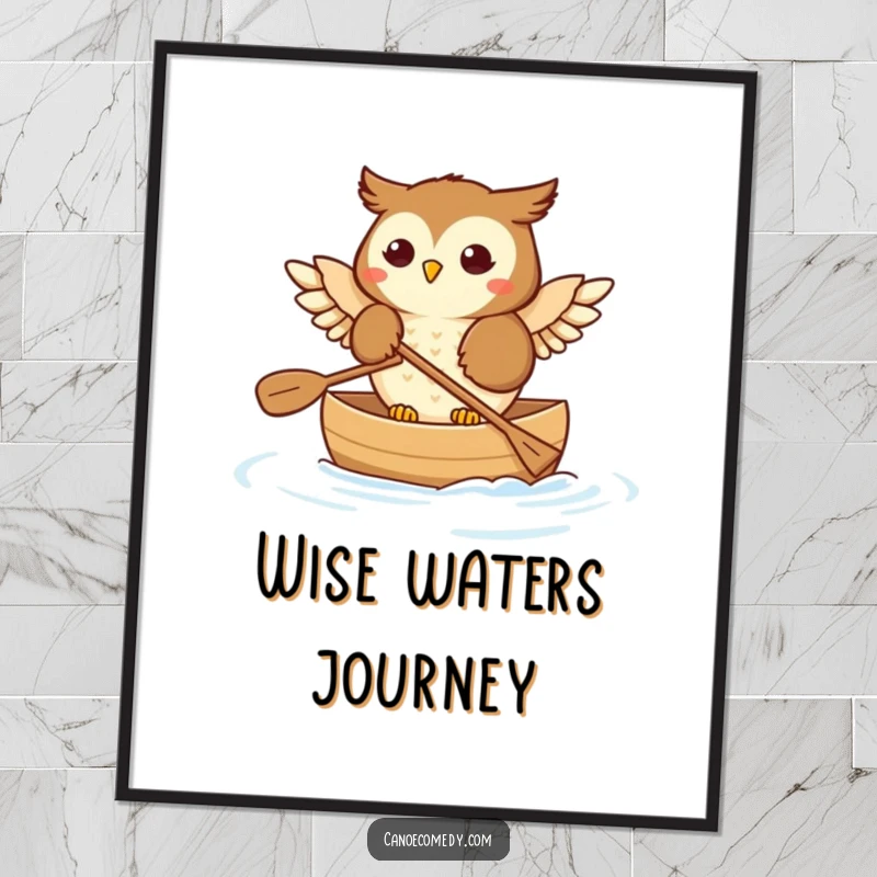 Funny Owl Digital Art Print: A high-resolution print of a happy owl paddling a canoe with its wings dipping into the water.