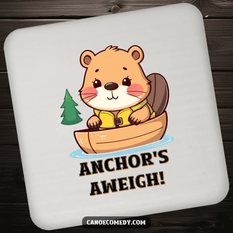 Funny coaster set with a curious kawaii beaver in a life jacket, ready to canoe, offering humorous protection for tables.