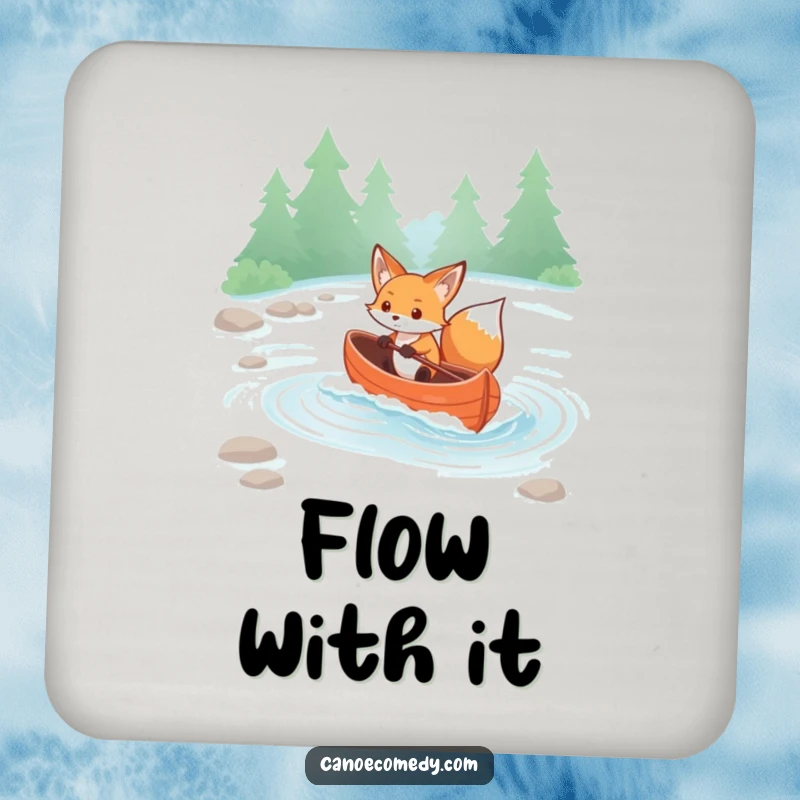 Funny Kawaii Fox Coaster: Determined fox navigates rapids in a canoe, protecting surfaces with humor.