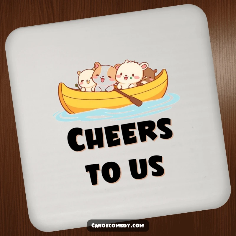 Funny coasters featuring small animals in a canoe, captured mid-giggle, adding a touch of humor to any drink.