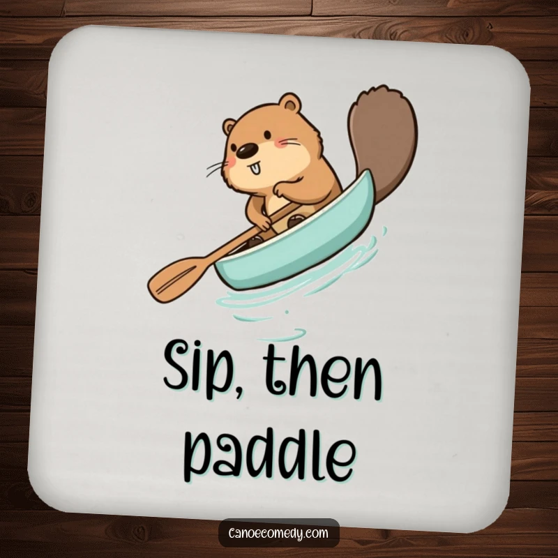 Funny beaver coaster, comically paddling a canoe backward, a humorous accessory for protecting surfaces.