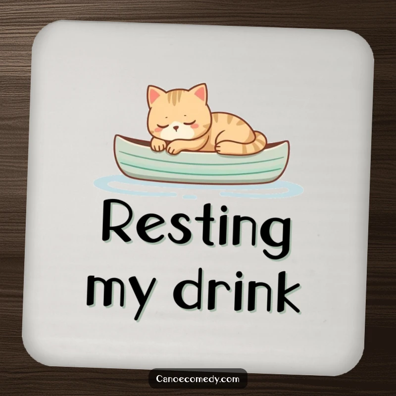 Funny cat sleeping peacefully in a small canoe, a serene and humorous coaster for protecting surfaces with style.