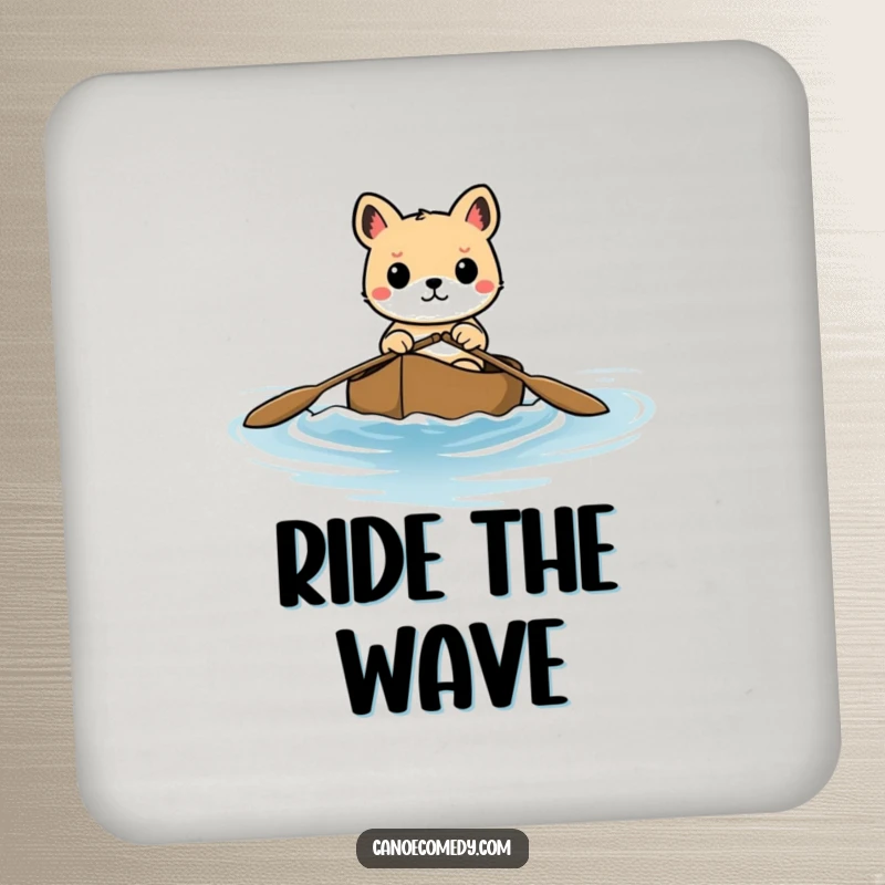 Funny coaster showing a determined animal navigating a canoe through gentle waves, symbolizing steady protection.