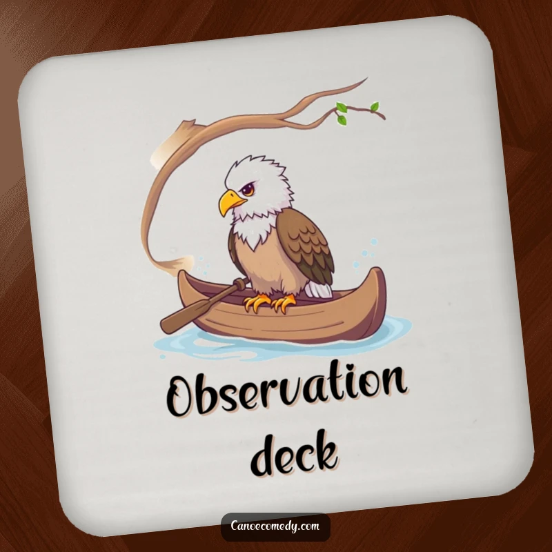 Funny coasters depicting a majestic eagle perched in a canoe, observing the surroundings with keen eyes.