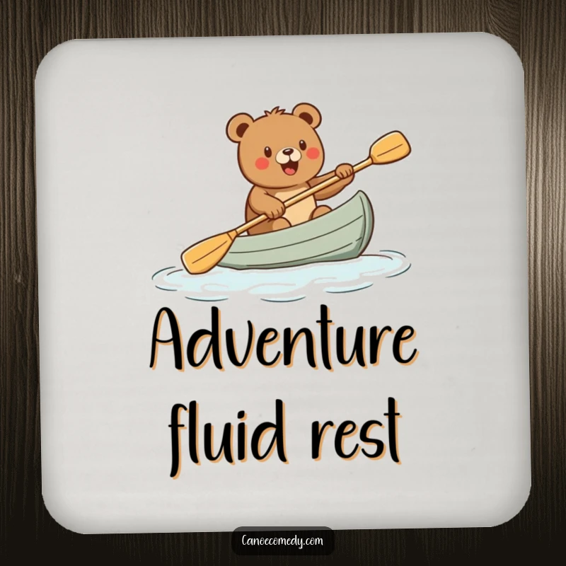 Funny drink coaster with a cartoon bear paddling a canoe, adding a humorous touch to any table setting, a great funny gift.