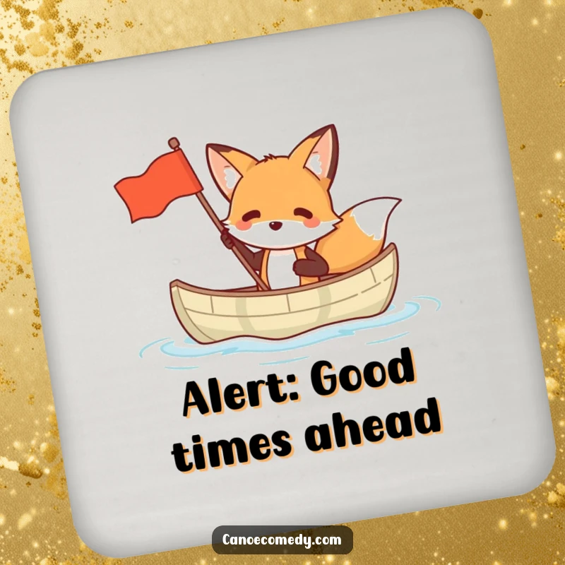 Funny drink coaster showing a fox in a small canoe waving a flag, adding humor and protection to tabletops.