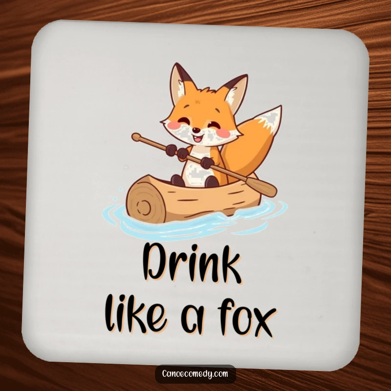 Funny drink coaster featuring a smiling fox expertly steering a canoe, bringing a touch of witty skill to your tabletop.