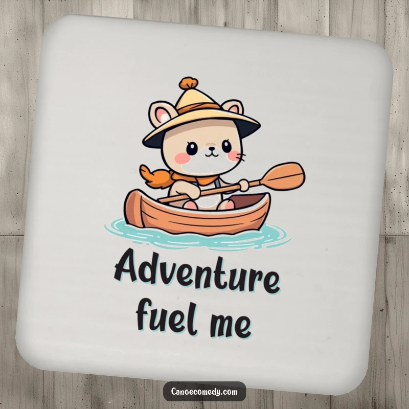 Funny Kawaii animal character wearing a tiny hat, looking adventurous in a canoe, a set of humorous drink coasters.