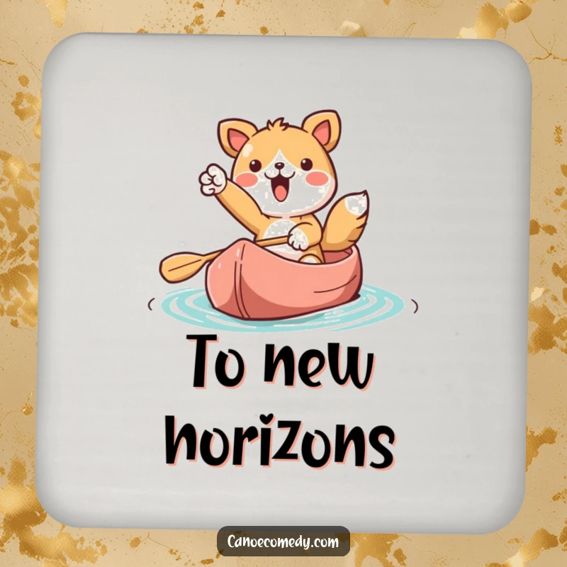 Funny Kawaii animal character in a canoe, pointing forward, printed on a drink coaster for humorous guidance.