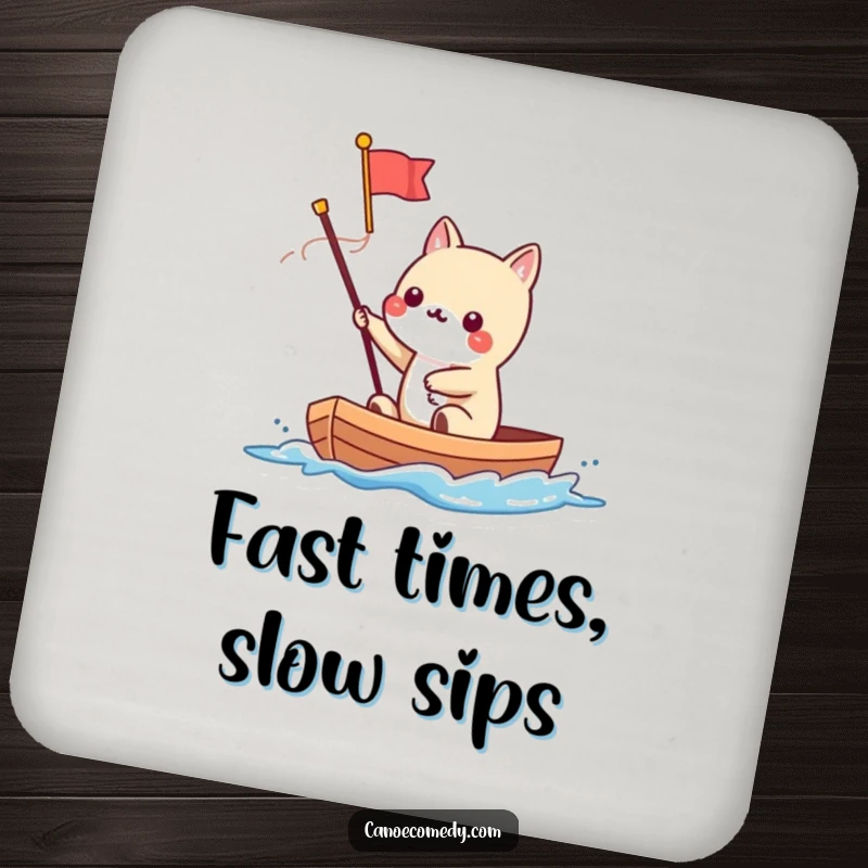 Funny Kawaii animal character waving a flag from a speeding canoe, printed on a drink coaster for humorous protection.