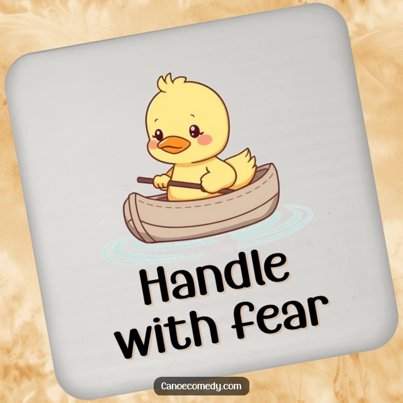 Funny coaster set with a shy kawaii duckling in a tiny canoe, looking nervous, offering humorous protection.