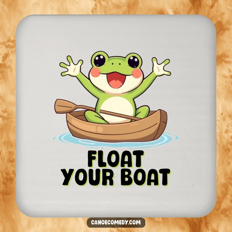 Funny Kawaii frog in a canoe, arms up in glee, a set of humorous drink coasters for table protection.