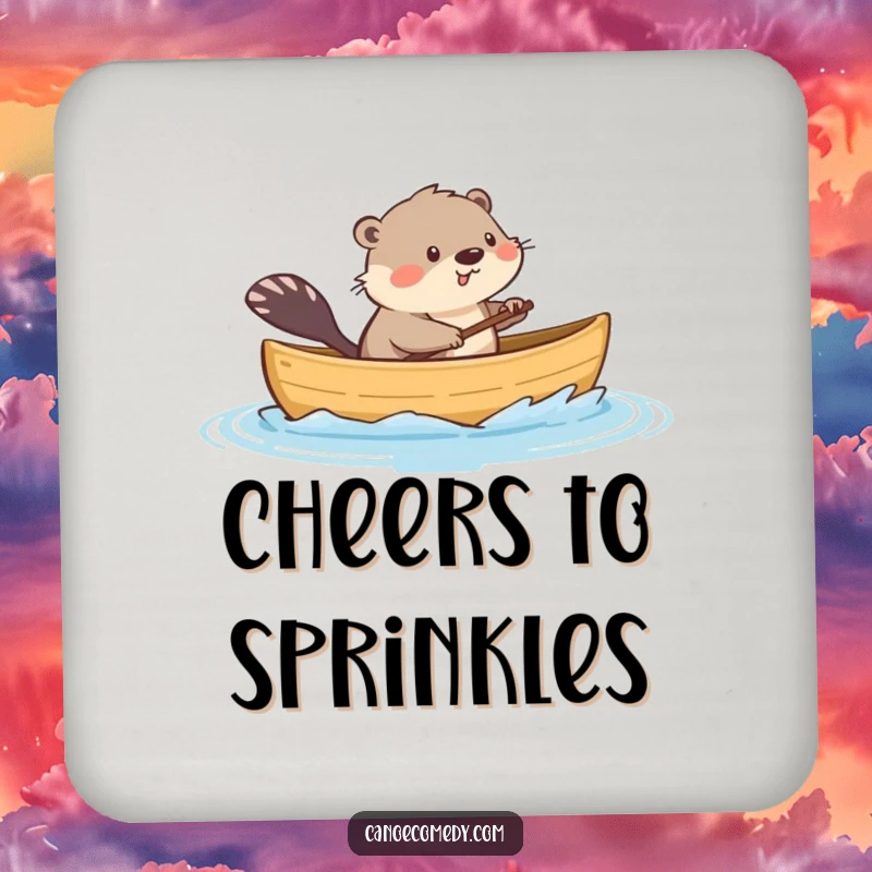 Funny coaster set with a playful kawaii muskrat in a canoe, splashing water, offering humorous protection for tables.