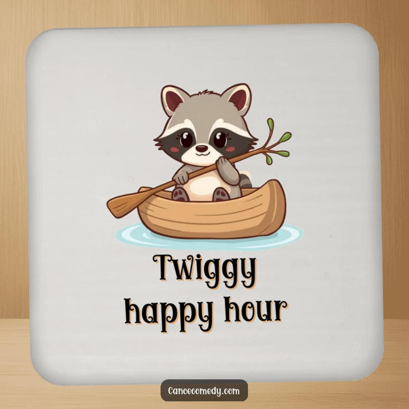 Funny Kawaii raccoon steering a canoe with a twig, a protective and humorous drink coaster.