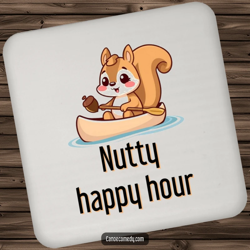 Funny squirrel holding an acorn in a canoe, excited drink coaster, cheerful home decor, gift for hosts.