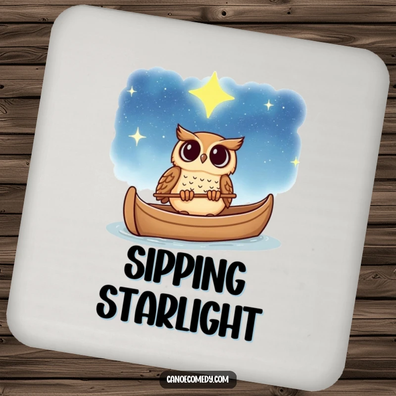 Funny owl drink coaster, depicted gazing at a starry sky from a canoe, a humorous and protective surface accessory.