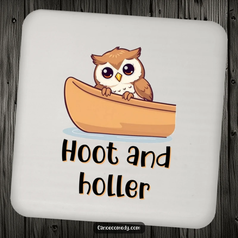 Funny curious owl peeking from a canoe on a drink coaster, offering surface protection.