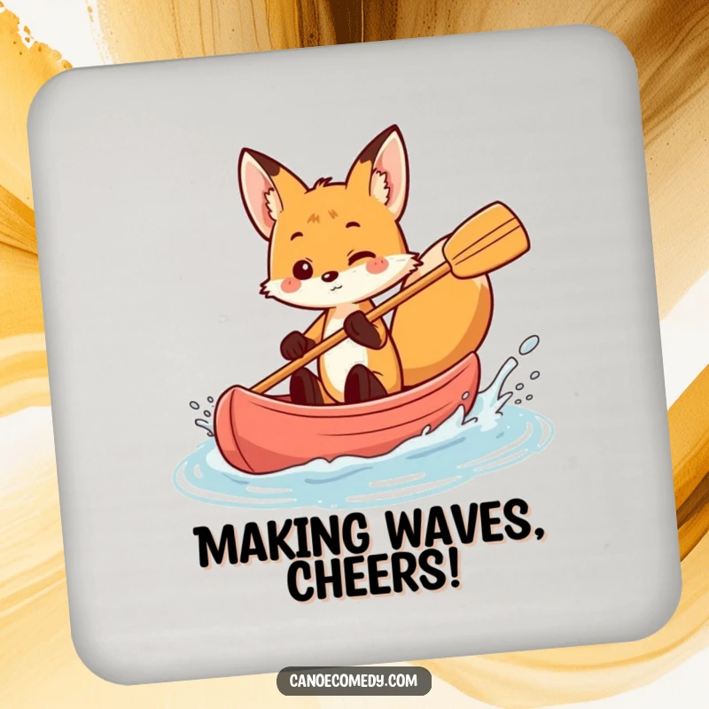 Funny fox splashing water from a canoe, playful drink coaster, energetic home decor, gift for hosts.