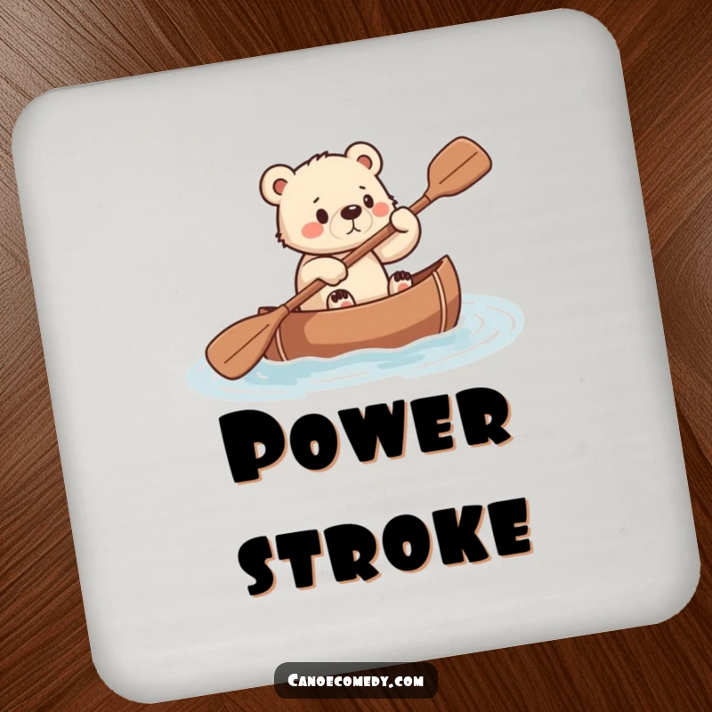 Funny coasters depicting a small bear cub paddling a canoe with intense determination and focus.