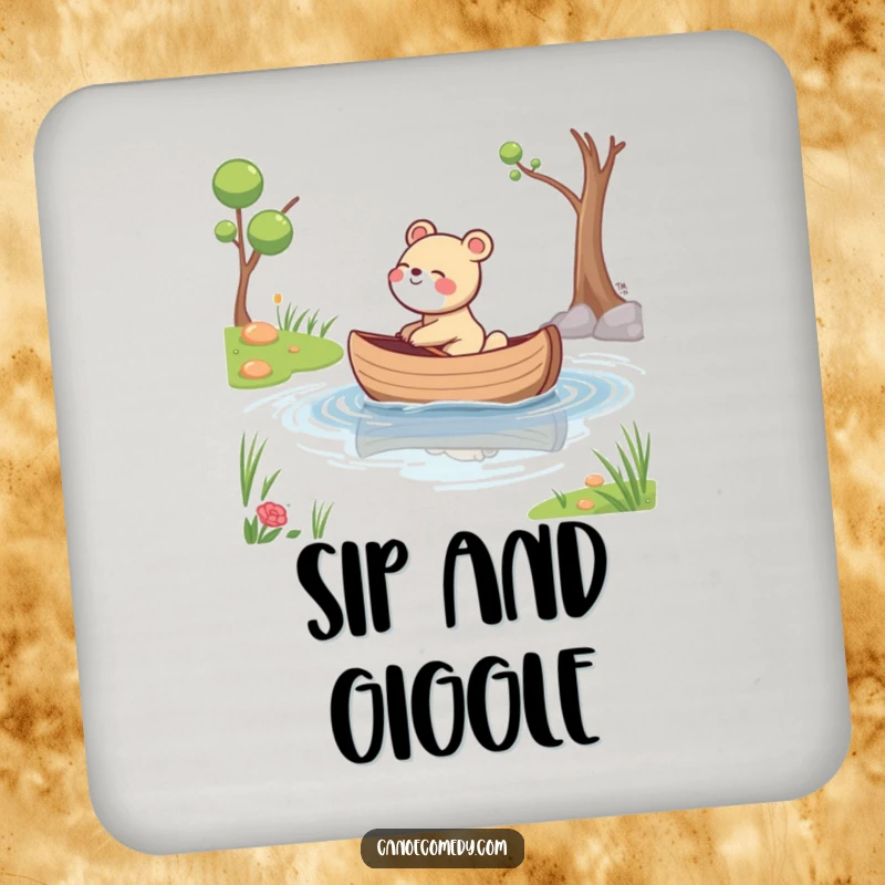 Funny coaster showing a giggling animal whose canoe drifts down a calm stream, symbolizing relaxed protection.