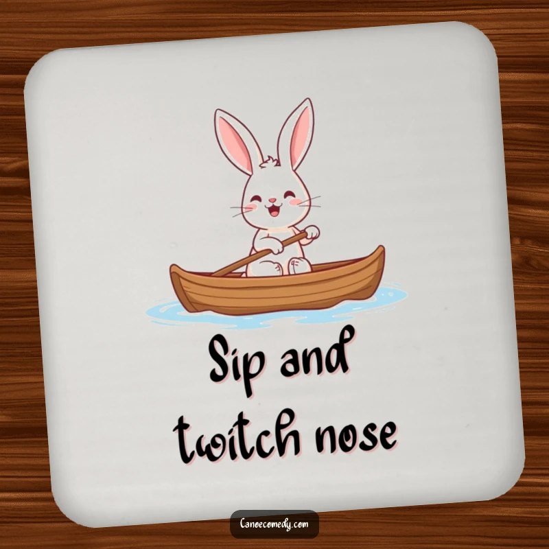 Funny drink coaster showing a cheerful rabbit with big ears paddling a canoe, adding humor and protection to tabletops.