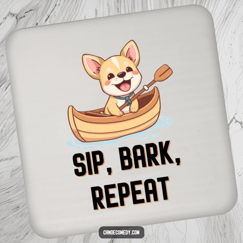 Funny small dog cheerfully barking with excitement from a canoe, a humorous and decorative coaster for surface protection.