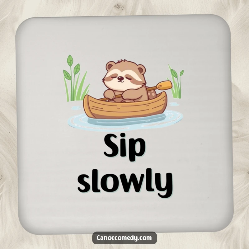 Funny coasters depicting a sleepy sloth slowly drifting in a canoe, bringing a relaxed vibe.