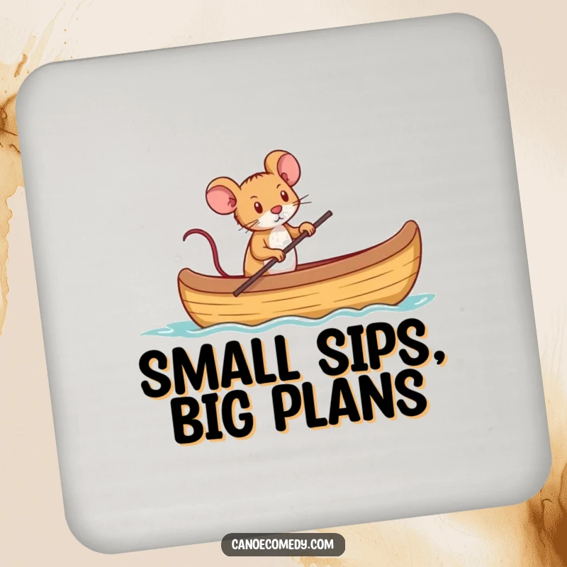 Funny coasters depicting a tiny mouse determinedly captaining a canoe, ready to steer.