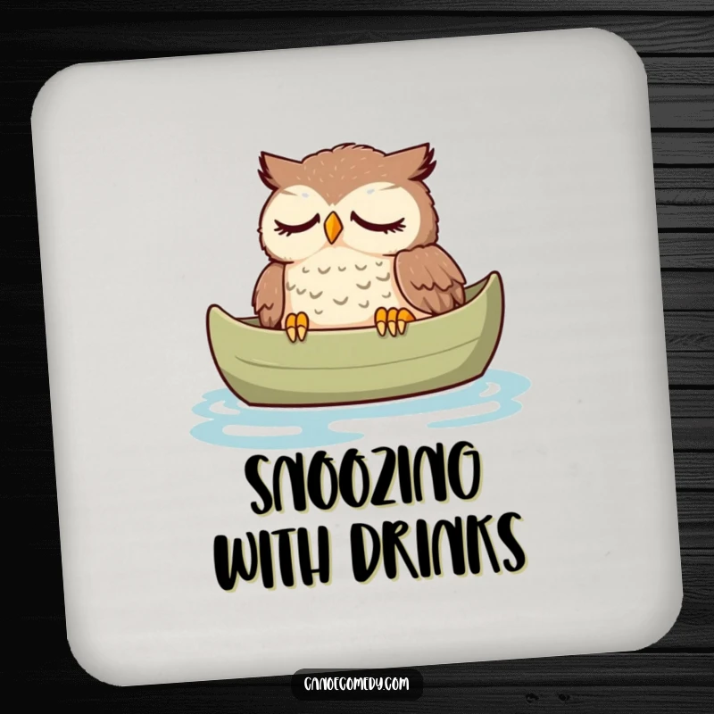 Funny owl drink coaster, depicted peacefully dozing in a canoe with a relaxed expression, a humorous and protective surface accessory.
