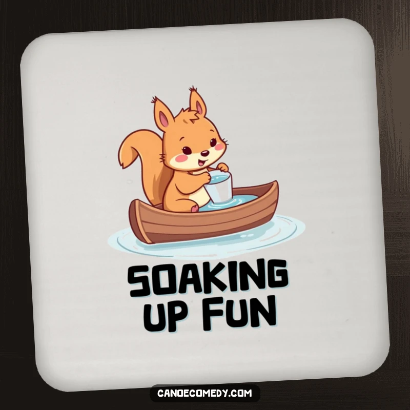 Funny drink coaster featuring a squirrel bailing water from a sinking canoe with a tiny cup, adding humorous disaster protection.